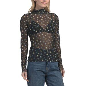 AFRM Black/blue Zoe Long Sleeve Mesh Turtleneck Top